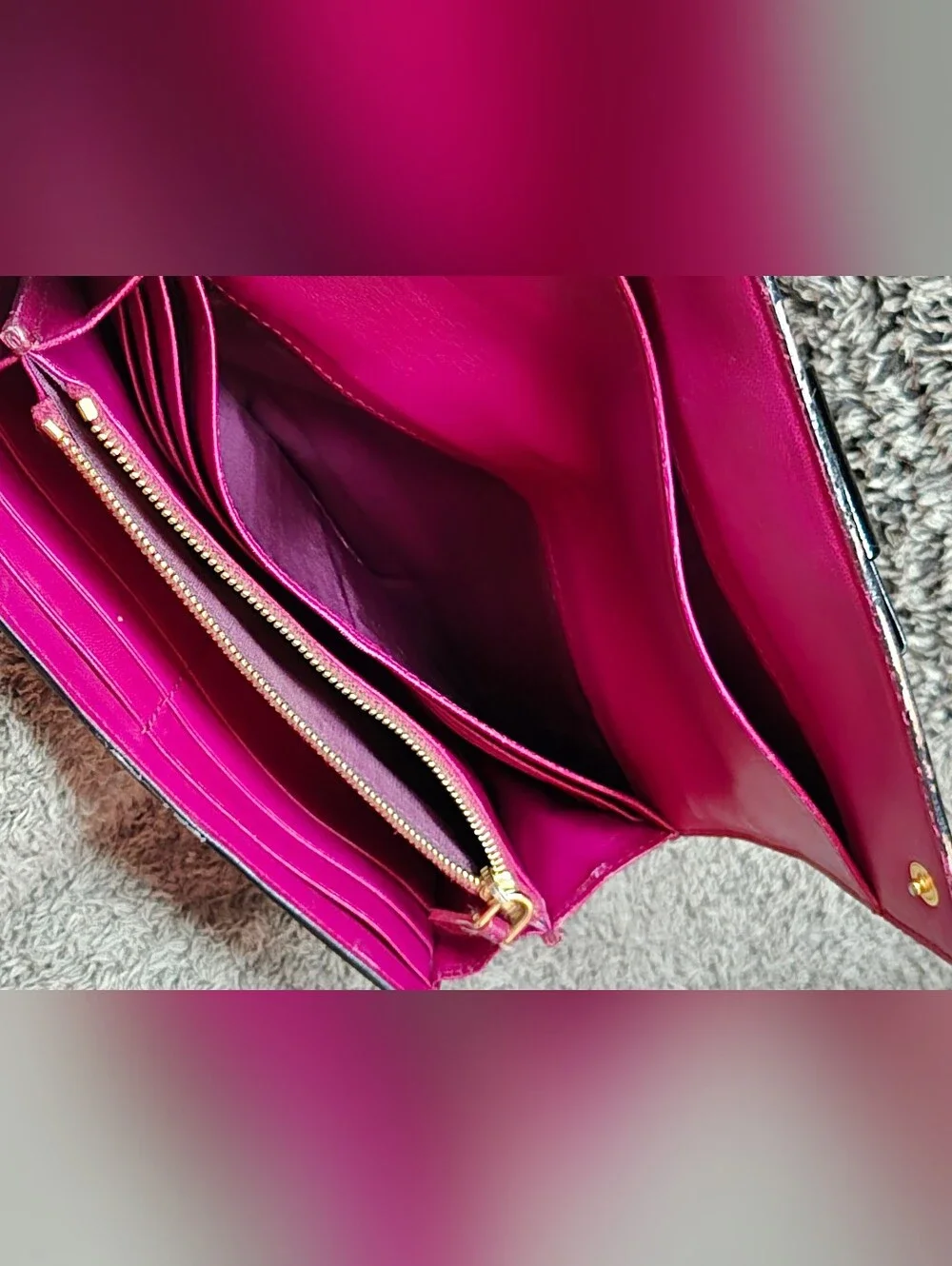 EUC Miu Miu Black Patent Leather Flap Long Wallet - Hot Pink Interior